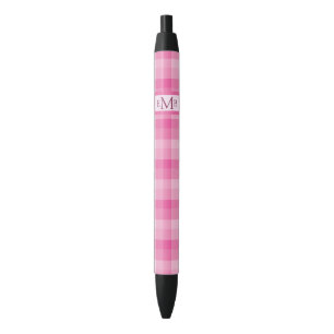 Caneta Preta Iniciais de Monograma Personalizado de Xadrez Rosa