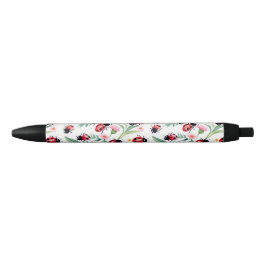 Caneta Preta Joaninhas fofas e padrão de flores branco