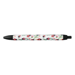 Caneta Preta Joaninhas fofas e padrão de flores branco
