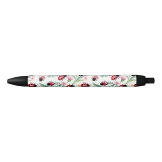 Caneta Preta Joaninhas fofas e padrão de flores branco