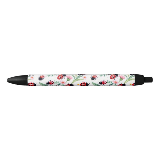 Caneta Preta Joaninhas fofas e padrão de flores branco (Frente)