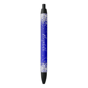 Caneta Preta Lantejoulas Prateadas Brilhantes Seda Azul