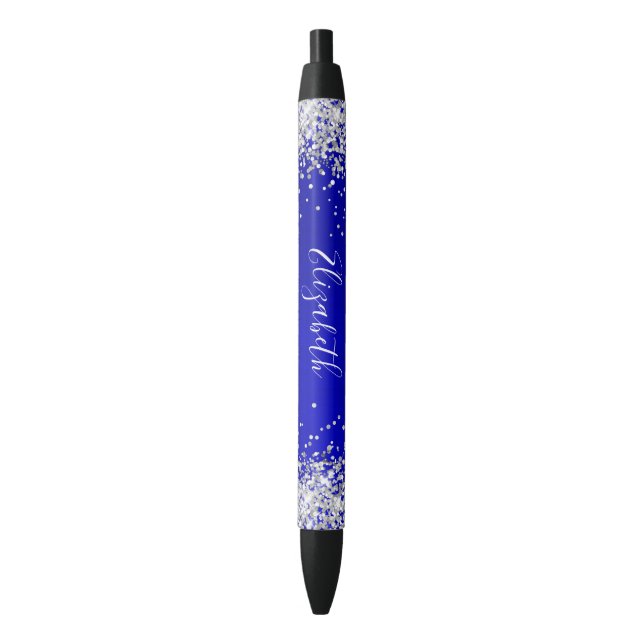 Caneta Preta Lantejoulas Prateadas Brilhantes Seda Azul (Frente Vertical)