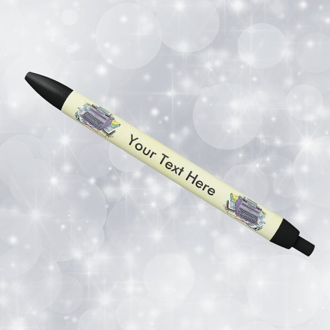 Caneta Preta Lápis de Papel de Máquina de Digitalização de Ferr (Purple typewriter paper books on yellow writing pen perfect gift for writers.)
