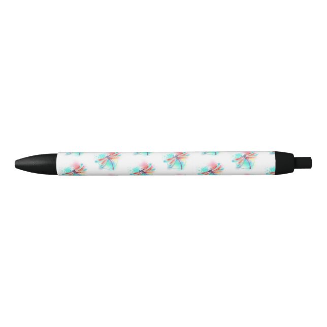 Caneta Preta libélula vermelha sobre fundo de aquarela (Frente)