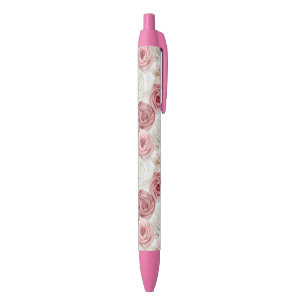 Caneta Preta Lindas Flores Brancas Creme Rosado Bonito