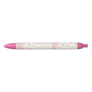 Caneta Preta Lindo Floral Retrátil Rosa Vintage 