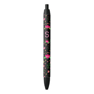 Caneta Preta Lindo Floral Rosa em Monograma Preto