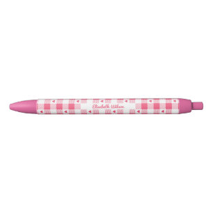 Caneta Preta Lindo Xadrez Rosa e Branco com Corações