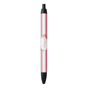 Caneta Preta Listras cor-de-rosa com flores