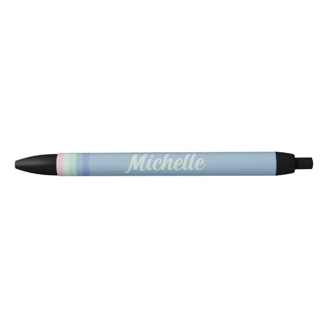 Caneta Preta Listras Pastéis Monograma Nome Personalizado (Frente)
