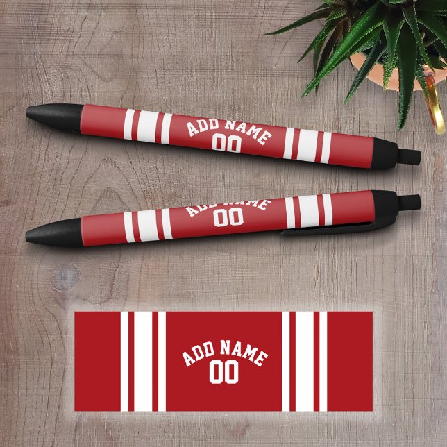 Caneta Preta Listras Vermelhas e Brancas com Nome e Número (Personalized Writing Pens - add your name, monogram or other text)