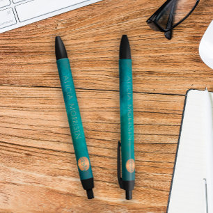 Caneta Preta Luxo elegante monograma personalizado dourado verd