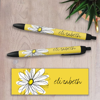Caneta Preta Margarida Branca e Amarela com Texto Personalizado