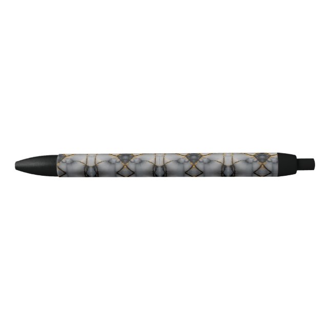 Caneta Preta Mármore Branco e Dourado Rachado Moderno (Frente)