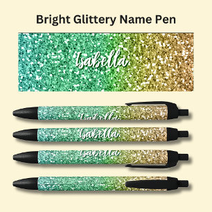 Caneta Preta Meninas Nome Verde Brilhante Efeito Glitter Dourad