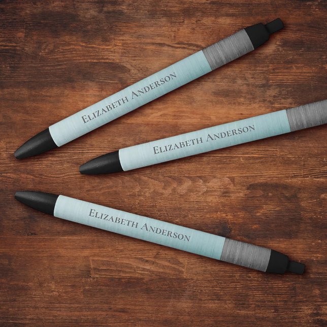 Caneta Preta Modern Minimalist Monogram Name Teal Blue Metallic (Modern Metallic blue and grey monogram name office pens)