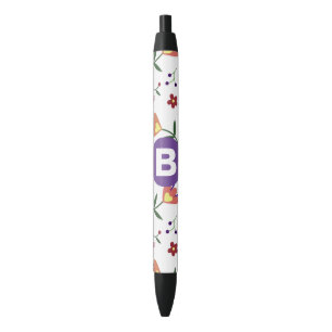 Caneta Preta Moderno Monograma Floral Colorido Roxo