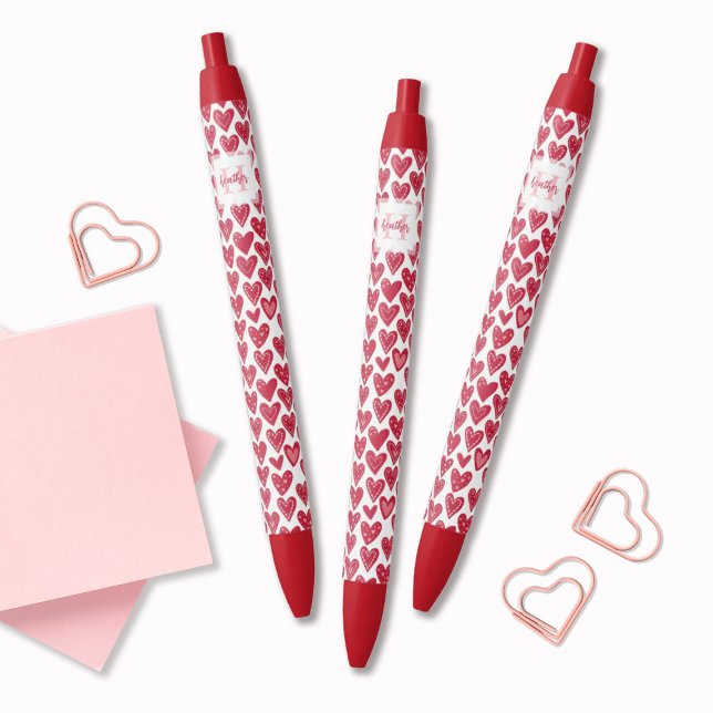Caneta Preta Monogram Red Valentine Heart Pattern (Cute monogram red heart pattern pens. so girly & fun! A great gift for a friend for Valentine's Day.)
