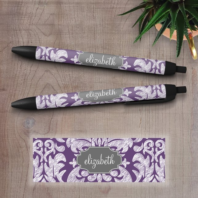 Caneta Preta Monograma da Cor damasco de Cinza roxa e da folha (Personalized Writing pen - Add Name and other text to this custom design)