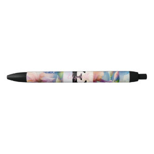Caneta Preta Monograma de aquarela floral com flores de íris ro