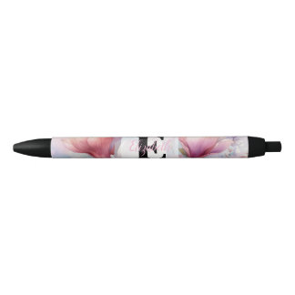 Caneta Preta Monograma de aquarela floral com flores de magnóli