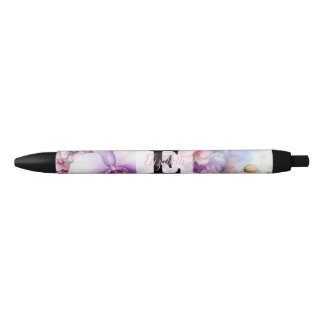 Caneta Preta Monograma de aquarela floral com flores de orquíde