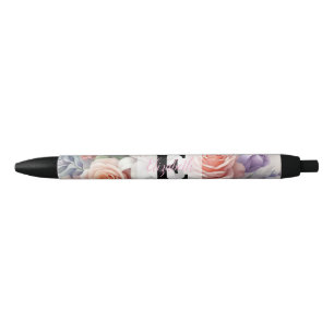 Caneta Preta Monograma de aquarela floral com flores rosa roxo 