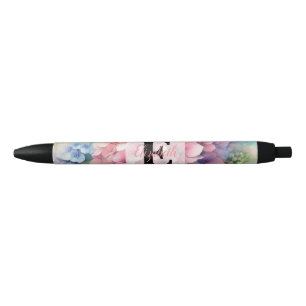 Caneta Preta Monograma de aquarela floral hortênsia rosa