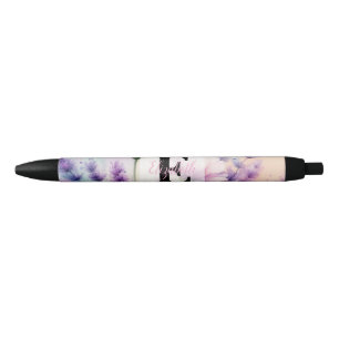 Caneta Preta Monograma de aquarela floral rosa roxo lavanda