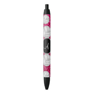 Caneta Preta Monograma de boliches de brilho rosa-quente