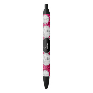 Caneta Preta Monograma de boliches de brilho rosa-quente