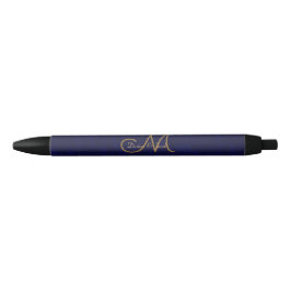 Caneta Preta Monograma de Casamento Dourado Azul Marinho Escuro