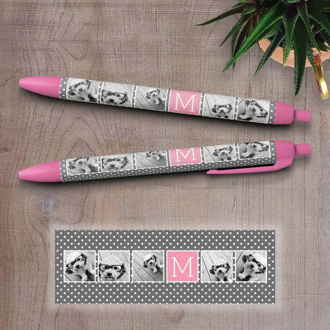 Caneta Preta Monograma de Colagem de Fotografias com cinza e In (Custom Pen - Personalize this writing pen with photos, your name, monogram or other text)