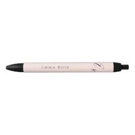 Caneta Preta Monograma de Nome Minimalista Elegante Rosa Bege