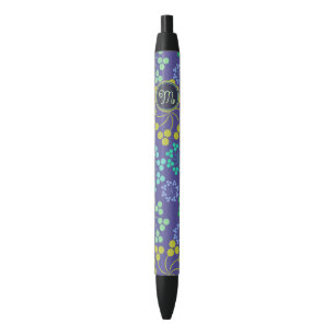 Caneta Preta Monograma de Padrão Floral Azul-Abstrato Funky