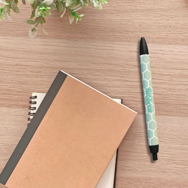 Caneta Preta Monograma de Padrão Geométrico do Hexágono Azul Mo (Criador carregado)