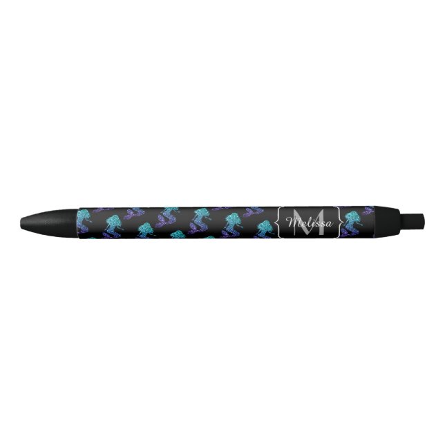 Caneta Preta Monograma do Mermaid aqua blue ombre Sparkles (Frente)