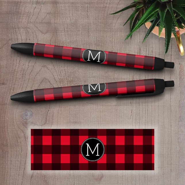 Caneta Preta Monograma do Padrão Rustic Red & Black Buffalo Xad (Custom Pen - Personalize this writing pen with you name, monogram or other text)