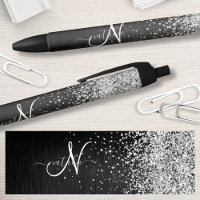 Monograma do Sparkle Preto com Glitter de Prata Pe