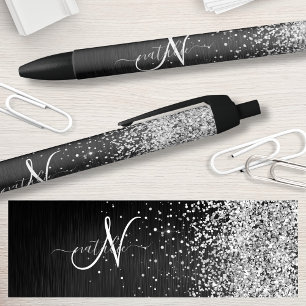 Caneta Preta Monograma do Sparkle Preto com Glitter de Prata Pe
