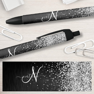 Caneta Preta Monograma do Sparkle Preto com Glitter de Prata Pe