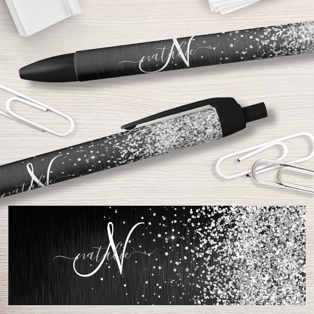 Caneta Preta Monograma do Sparkle Preto com Glitter de Prata Pe (Criador carregado)