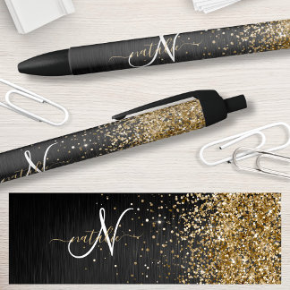 Caneta Preta Monograma Dourado de brilho preto com brilho perso