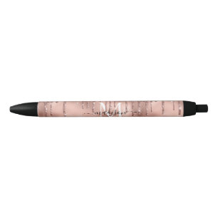 Caneta Preta Monograma Dourado Rosa Metálico com Brilho Cor-de-