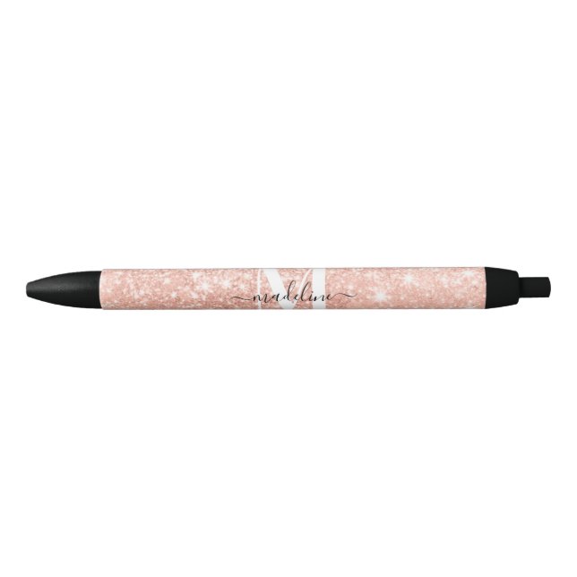 Caneta Preta Monograma Elegante Glamoroso Rosegold Glitter (Frente)