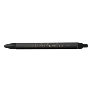 Caneta Preta Monograma Floral Chic Preto e Dourado em Letra de