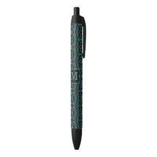 Caneta Preta Monograma Legal Preto e Azul com Padrão ZigZag Irr