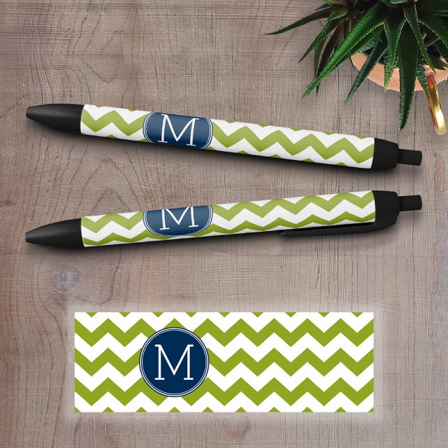 Caneta Preta Monograma Personalizado de Chevrons Azul e Verde l (Personalized Writing Pens)