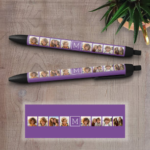 Caneta Preta Monograma Personalizado de Colagem de Fotos Branca